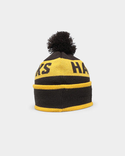 New Era Hawthorn Hawks AFL Opening Bounce 2022 Pom Waffle Wordmark Beanie Brown
