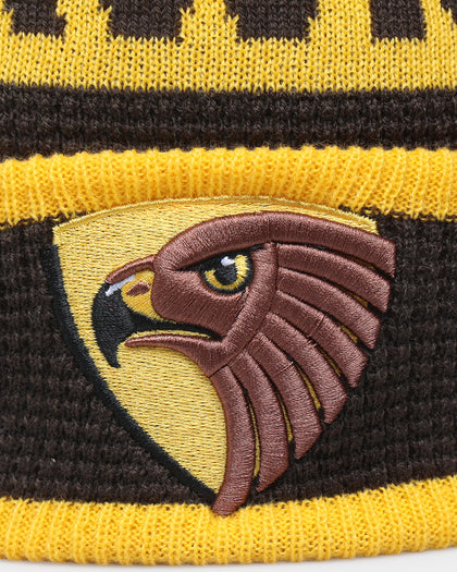 New Era Hawthorn Hawks AFL Opening Bounce 2022 Pom Waffle Wordmark Beanie Brown