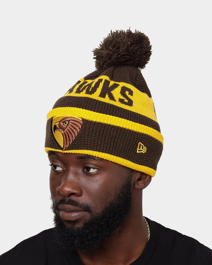New Era Hawthorn Hawks AFL Opening Bounce 2022 Pom Waffle Wordmark Beanie Brown