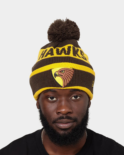 New Era Hawthorn Hawks AFL Opening Bounce 2022 Pom Waffle Wordmark Beanie Brown