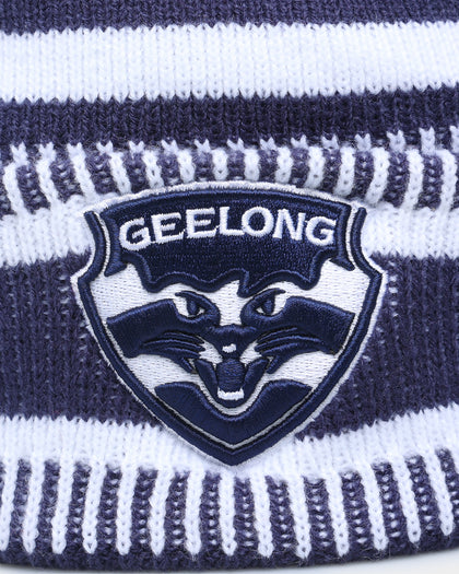 New Era Geelong Cats AFL Opening Bounce 2022 Pom Wordmark Beanie Navy