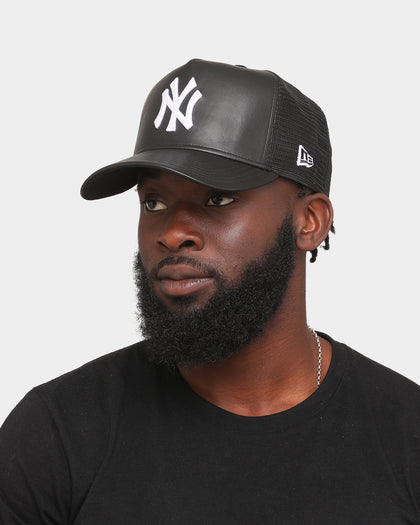 New Era New York Yankees 'PU Leather' 9FORTY A-Frame Trucker Snapback Black Leather