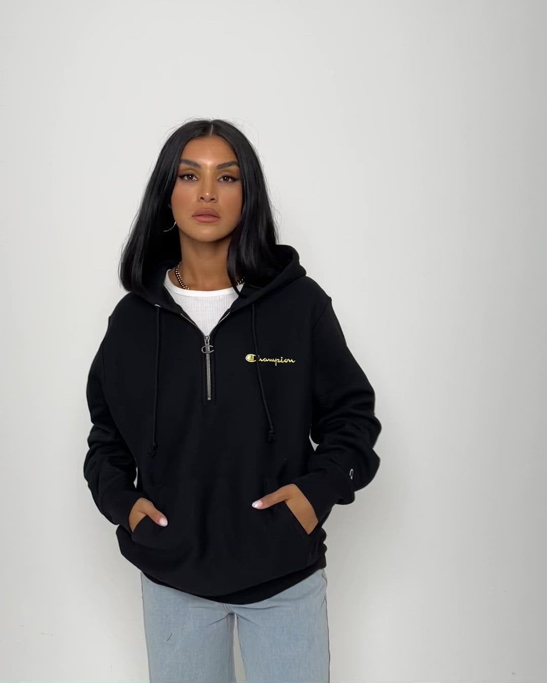 Champion Reverse Weave Quarter Zip Hoodie Black/Gold