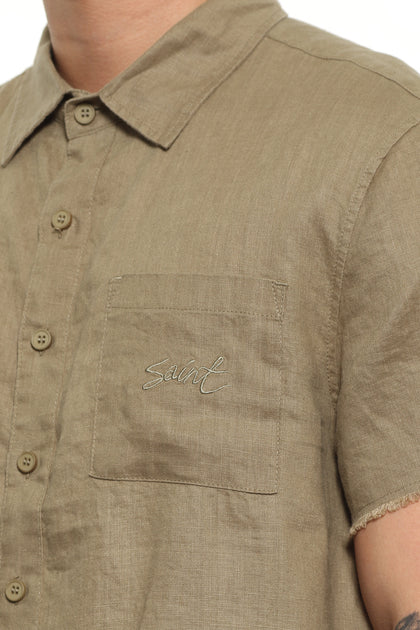 Saint Morta Martyr Linen Short Sleeve Button Up Pale Green