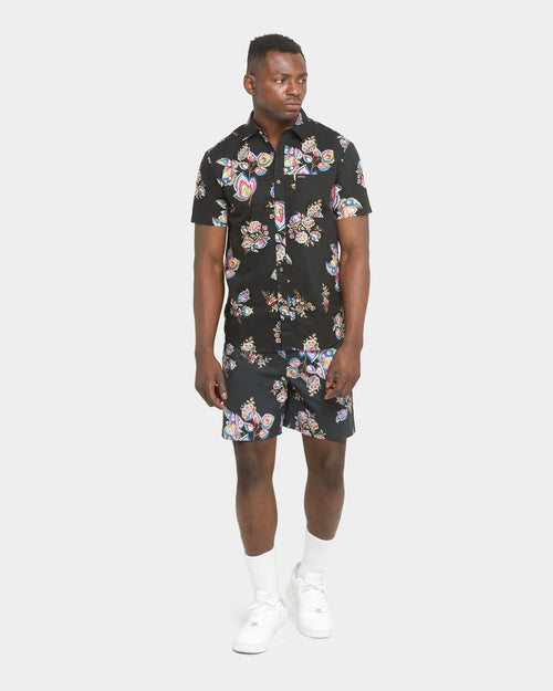 Brixton Charter Print Short Sleeve Woven Shirt Black/Purple
