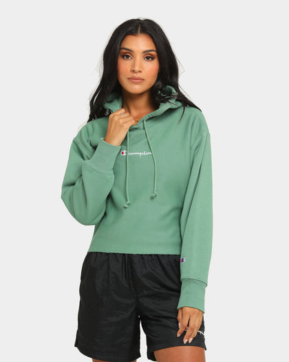 Champion Women's Rev Weave Script Crop Hoodie Thermal Green