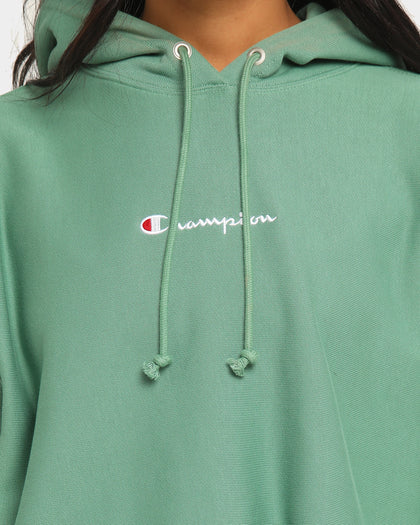 Champion Women's Rev Weave Script Crop Hoodie Thermal Green