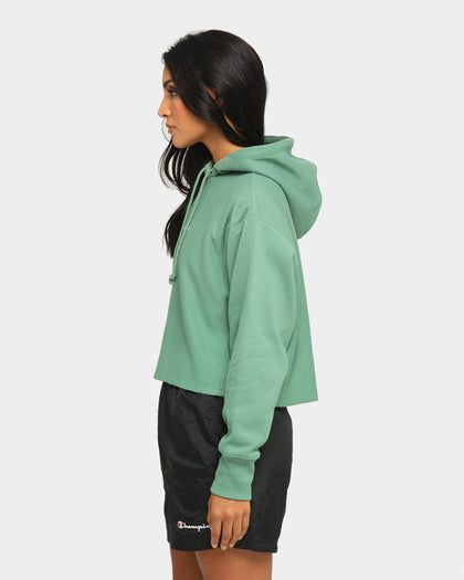 Champion Women's Rev Weave Script Crop Hoodie Thermal Green