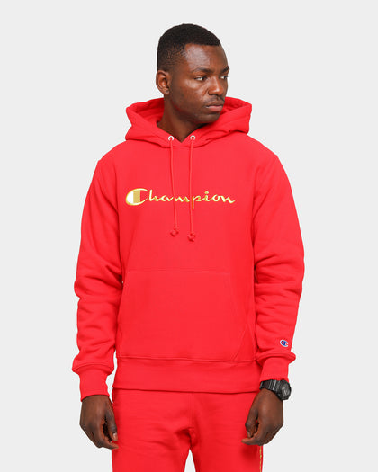 Champion Men's Rev Weave Embroidered Script Hoodie Red/Gold