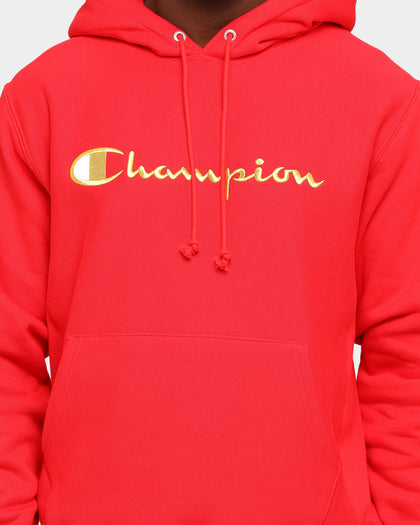 Champion Men's Rev Weave Embroidered Script Hoodie Red/Gold