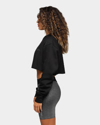 Champion Women's React Rev Weave Script Crop Crew Black